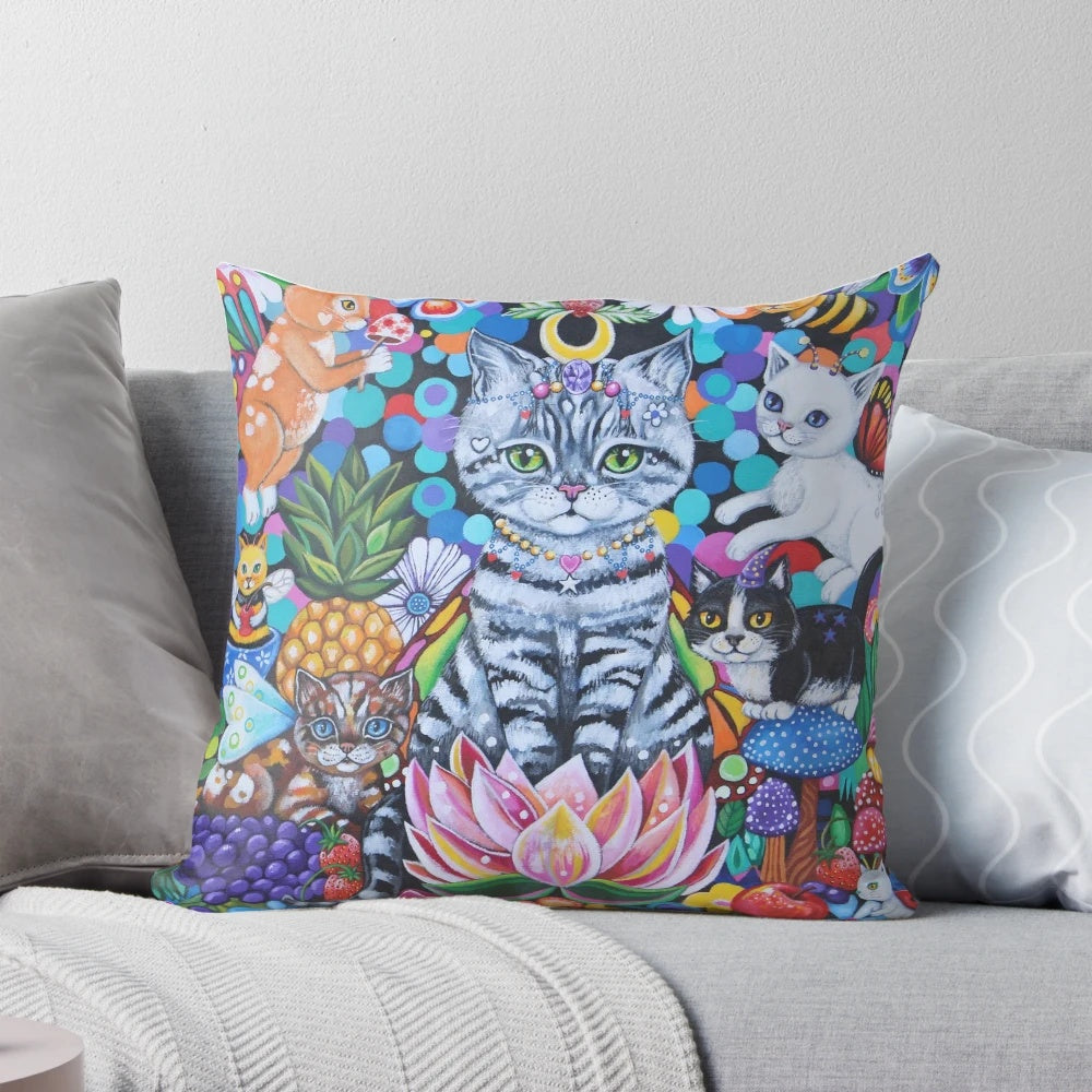 A vibrant and whimsical throw pillow featuring a magical garden scene with cats, kittens, and fantasy elements.