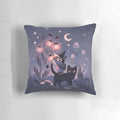 Decorative throw pillow featuring a mystical garden scene with a black cat, mushrooms, moon and stars in shades of purple.