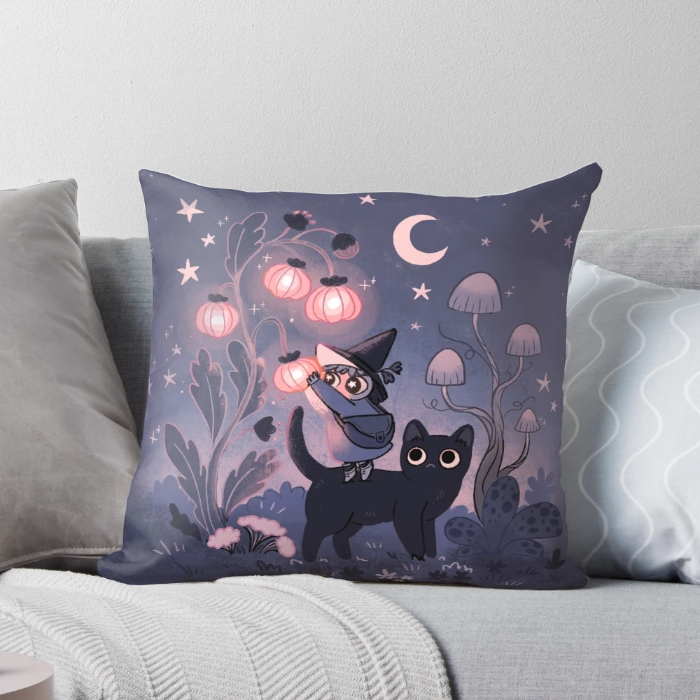 Decorative throw pillow featuring a mystical garden scene with a black cat, mushrooms, moon and stars in shades of purple.