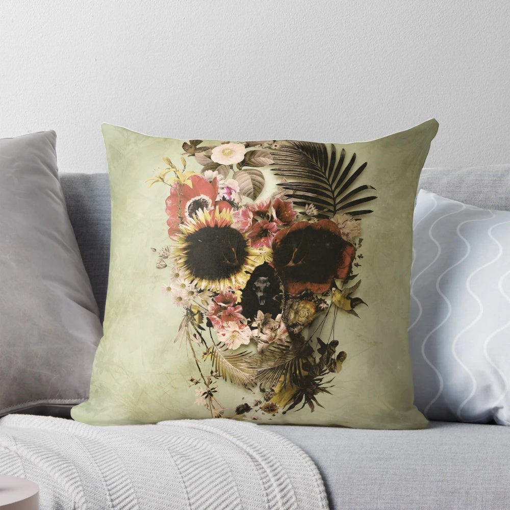 Vibrant garden skull light pillow with floral and gothic elements, perfect for boho-inspired home decor.