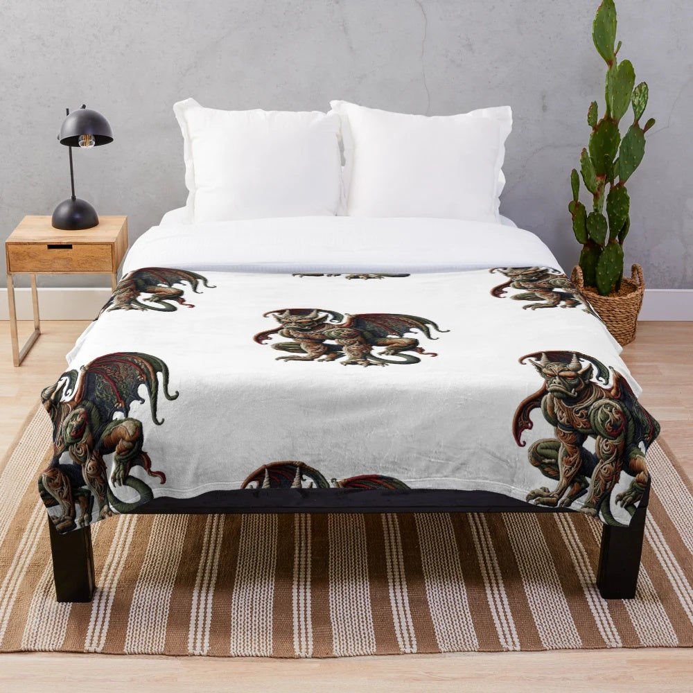 Gargoyle plush blanket with embroidered mythical creature design