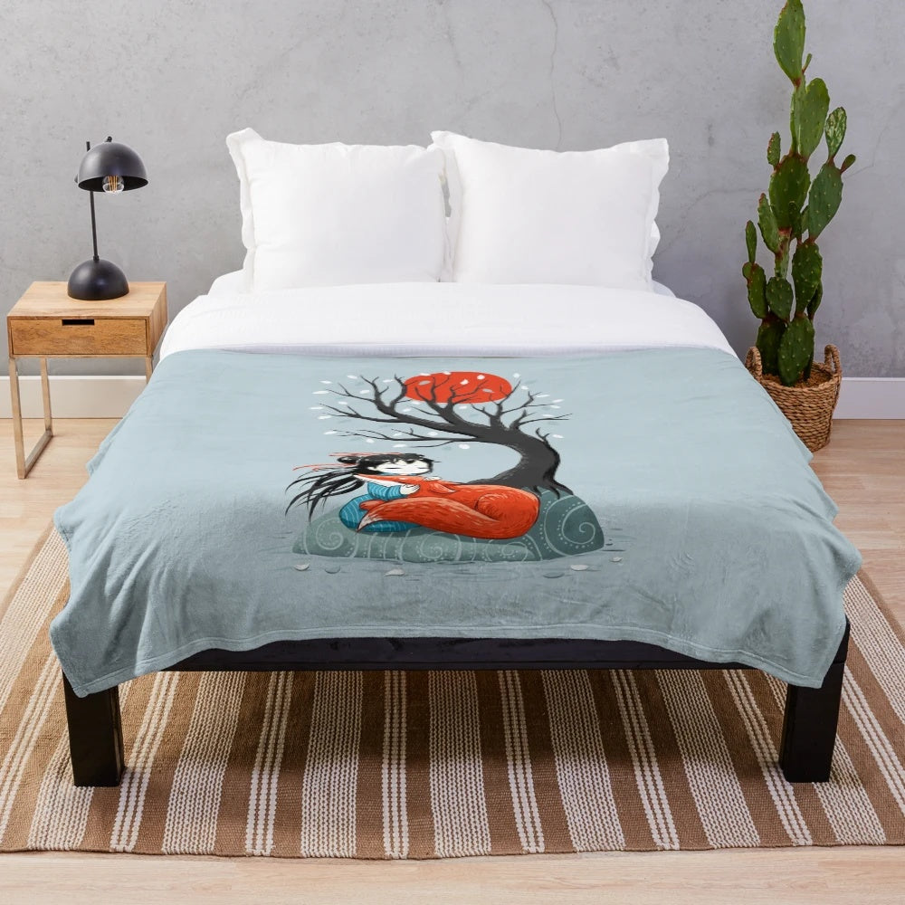 Plush blanket featuring a girl and a fox in a whimsical woodland scene