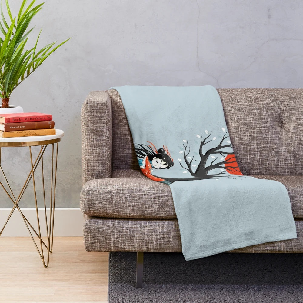Plush blanket featuring a girl and a fox in a whimsical woodland scene