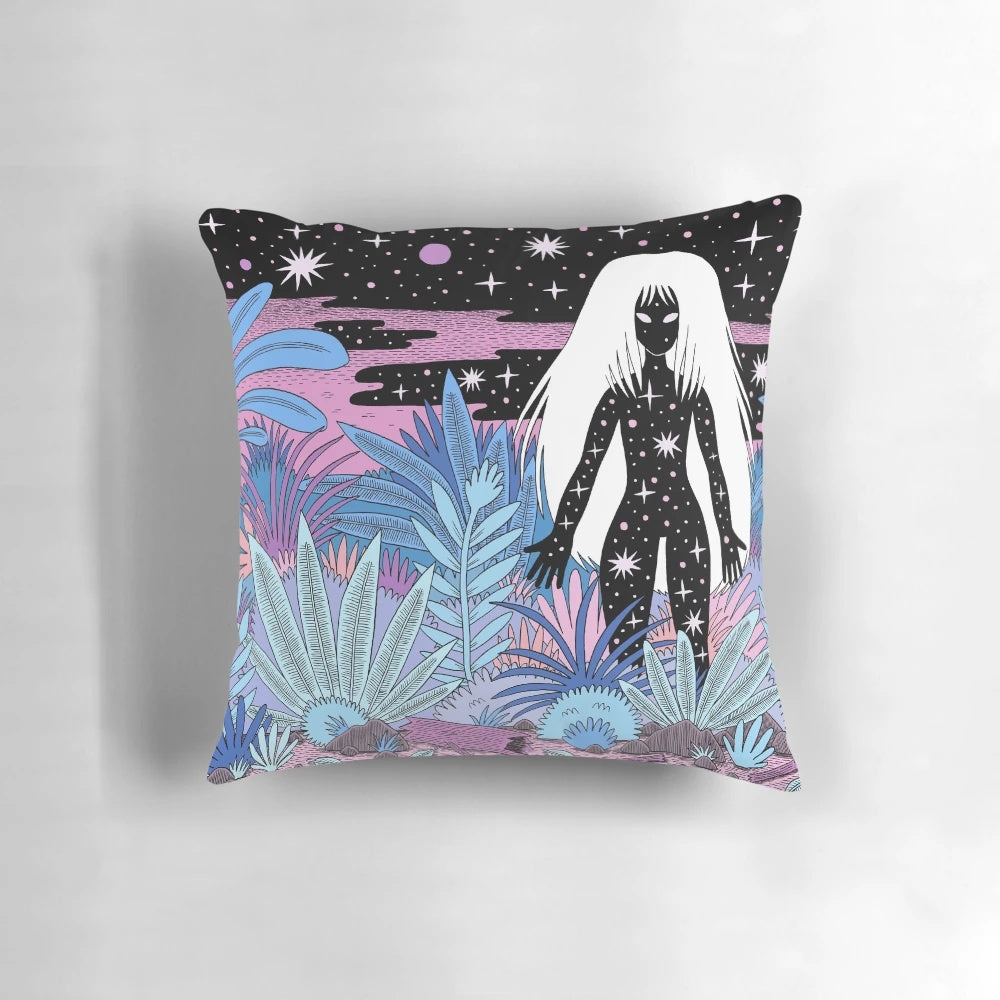 A vibrant and detailed pillow design featuring a goddess figure surrounded by cosmic elements like stars, planets, and ethereal patterns.