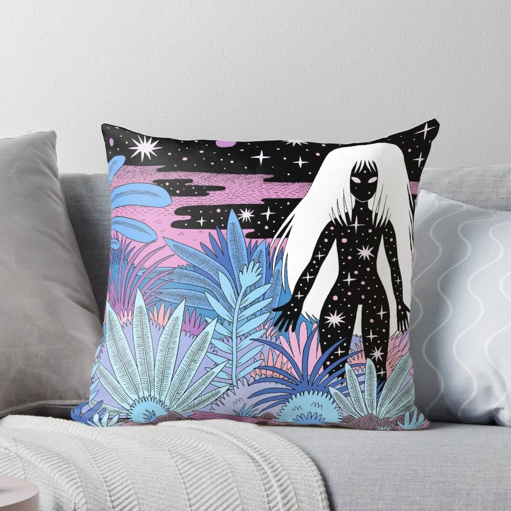 A vibrant and detailed pillow design featuring a goddess figure surrounded by cosmic elements like stars, planets, and ethereal patterns.