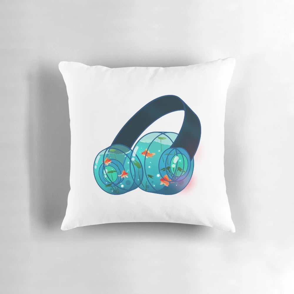 Whimsical goldfish headphones floating in a starry galaxy-themed pillow