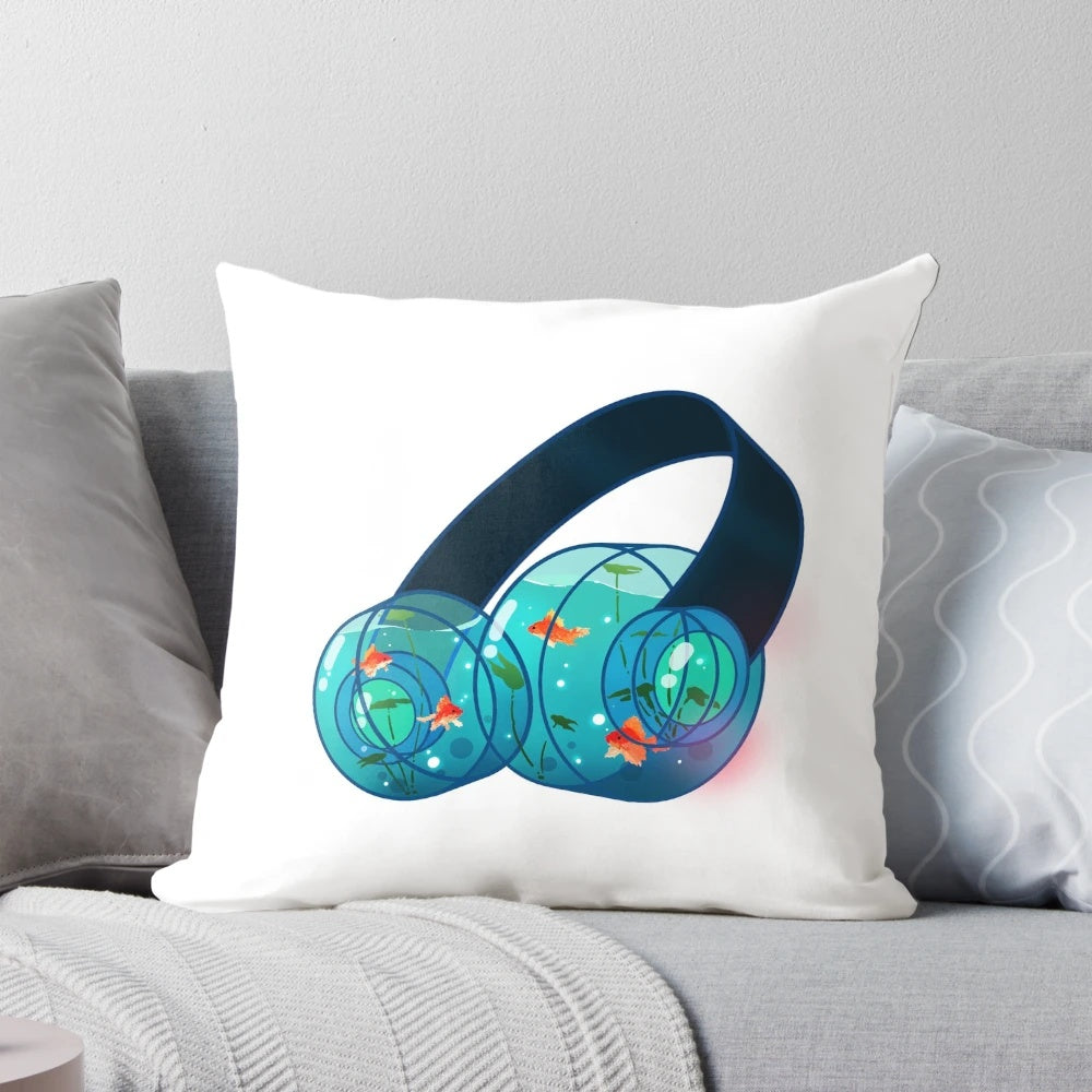 Whimsical goldfish headphones floating in a starry galaxy-themed pillow