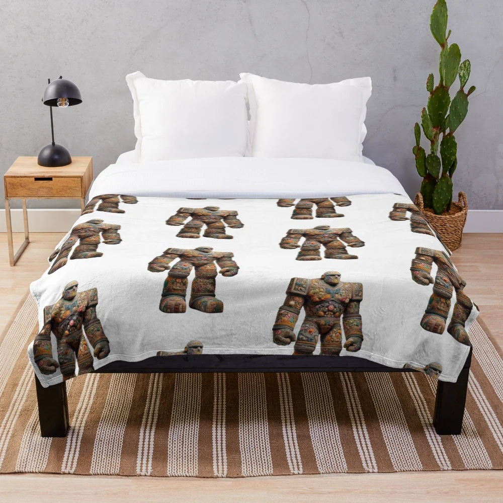 Golem plush blanket with intricate embroidered mythical design