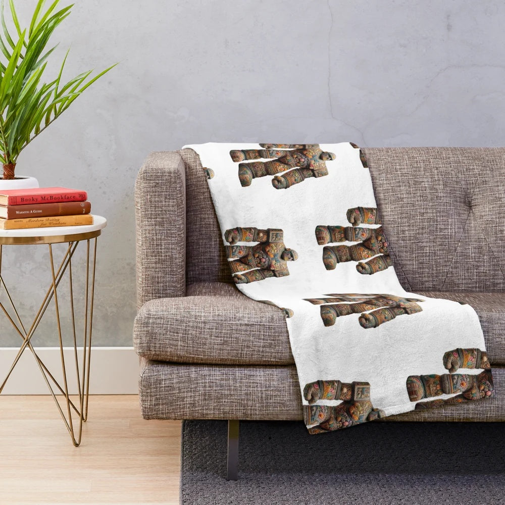 Golem plush blanket with intricate embroidered mythical design