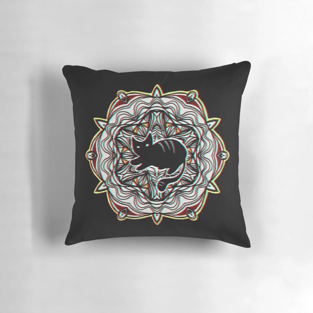 A detailed, mystical cat mandala pattern printed on a black background, creating a gothic-inspired accent pillow.