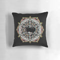 A detailed, mystical cat mandala pattern printed on a black background, creating a gothic-inspired accent pillow.