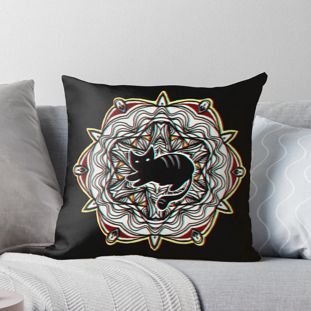 A detailed, mystical cat mandala pattern printed on a black background, creating a gothic-inspired accent pillow.