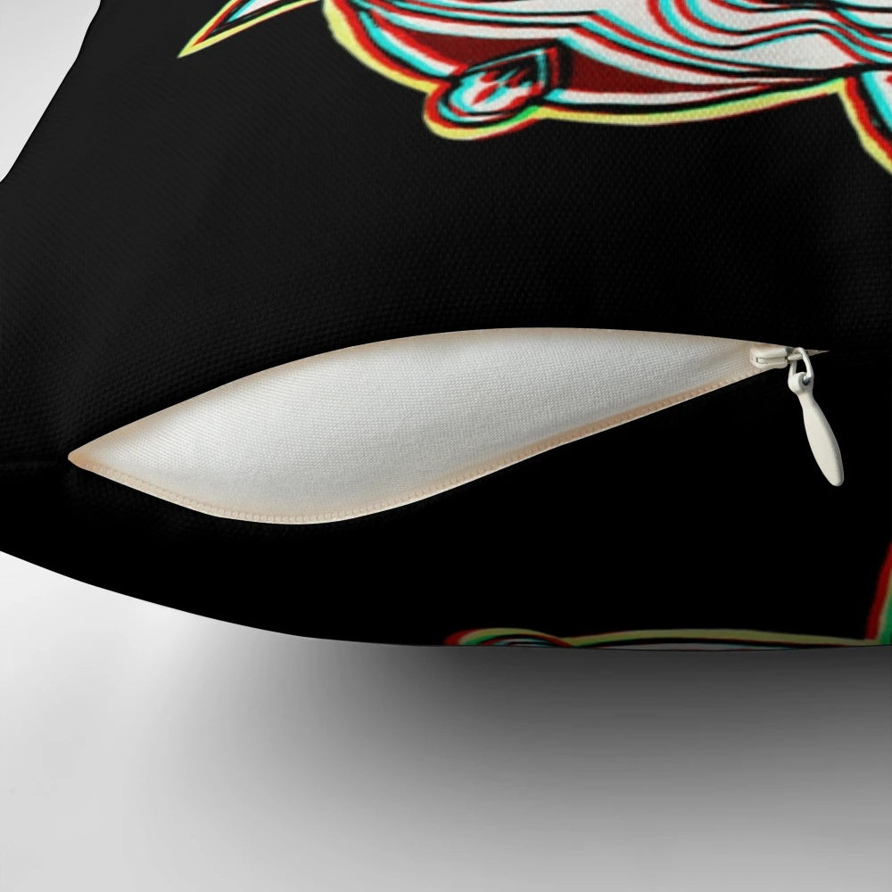 A detailed, mystical cat mandala pattern printed on a black background, creating a gothic-inspired accent pillow.