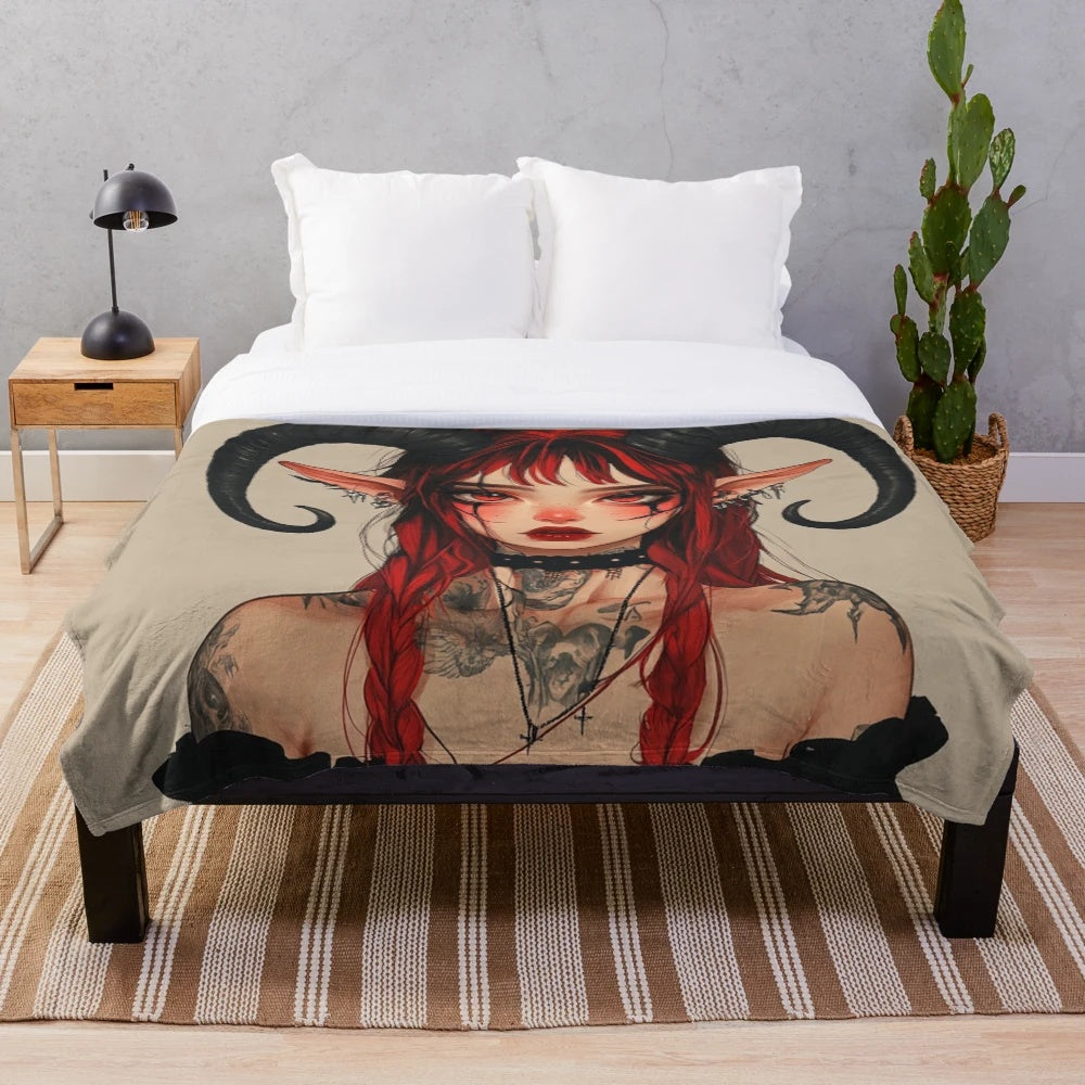 Plush blanket featuring a dark fantasy anime-style demon girl