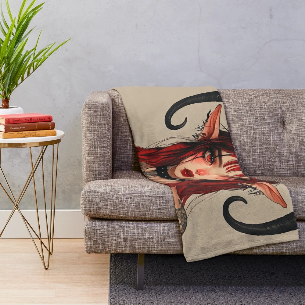 Plush blanket featuring a dark fantasy anime-style demon girl