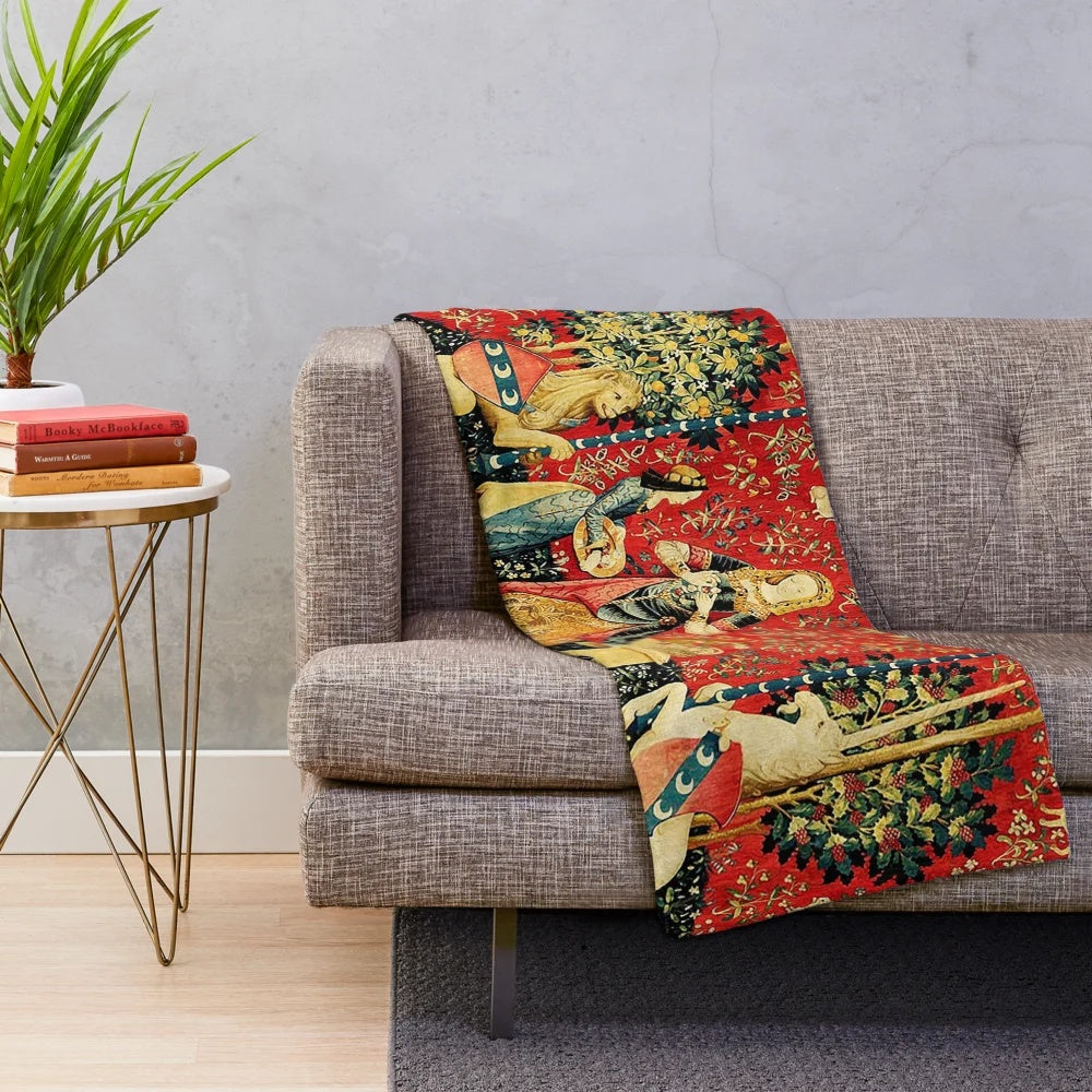 Elegant fantasy plush blanket with mythical unicorn and floral pattern
