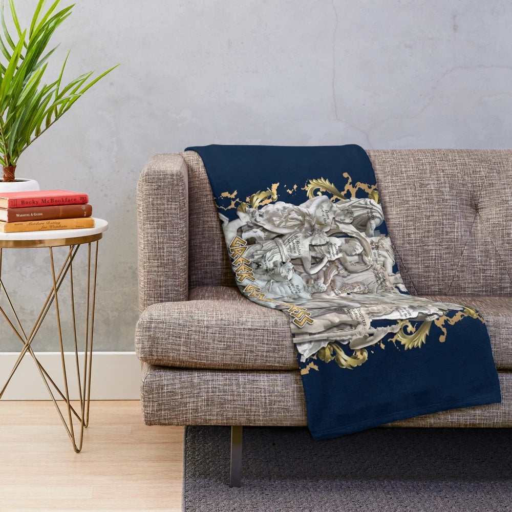 Plush blanket featuring Greek mythological figures and statues