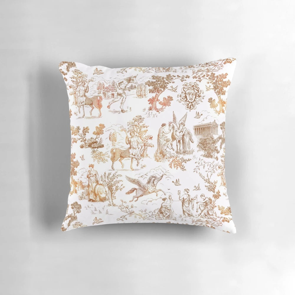 A decorative pillow featuring a Greek mythology-inspired toile pattern with centaurs, minotaurs, and Pegasus.