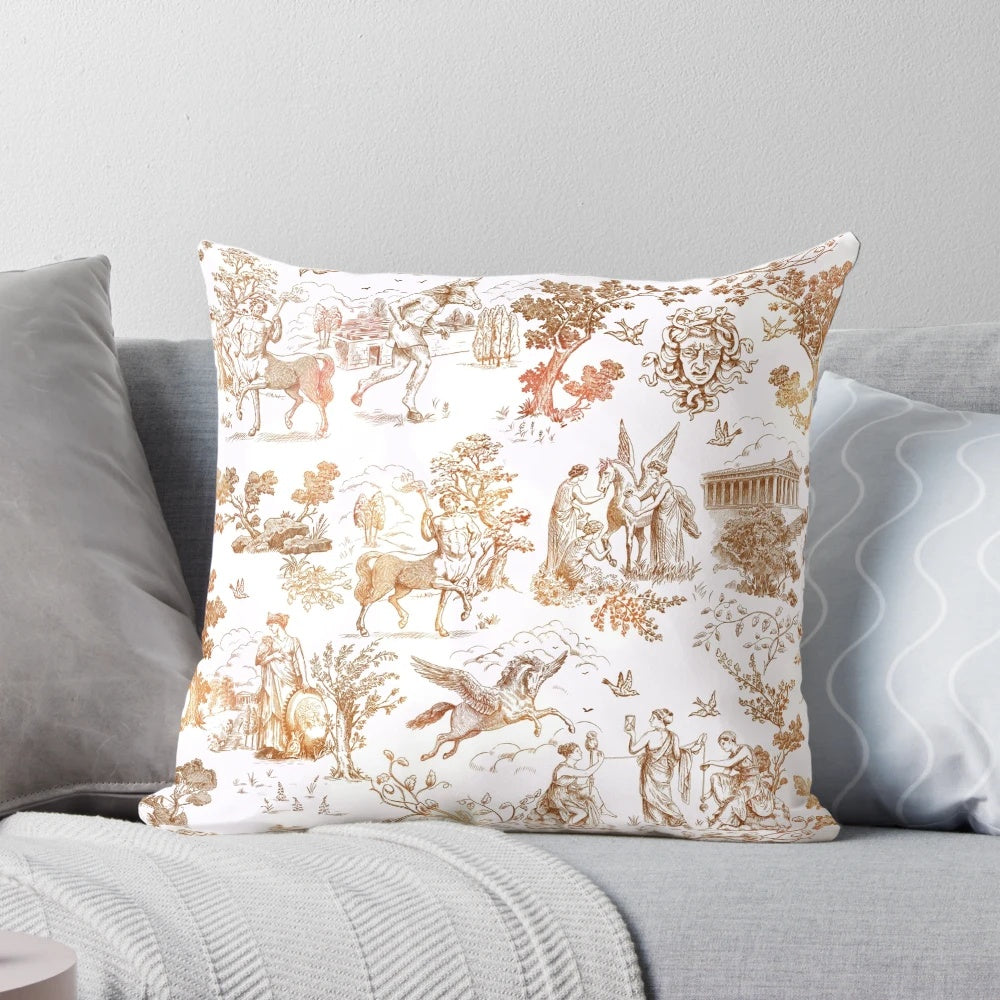 A decorative pillow featuring a Greek mythology-inspired toile pattern with centaurs, minotaurs, and Pegasus.