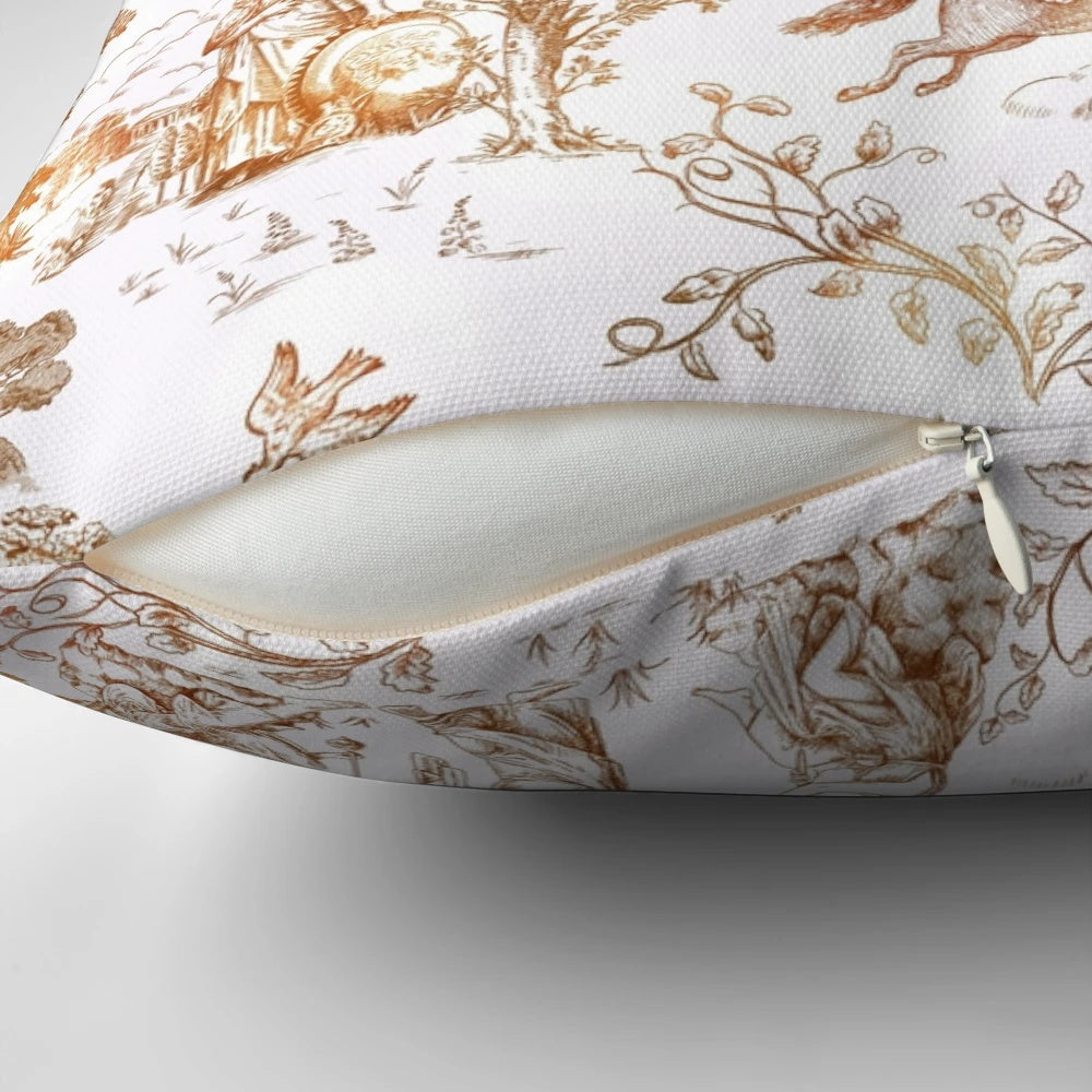A decorative pillow featuring a Greek mythology-inspired toile pattern with centaurs, minotaurs, and Pegasus.