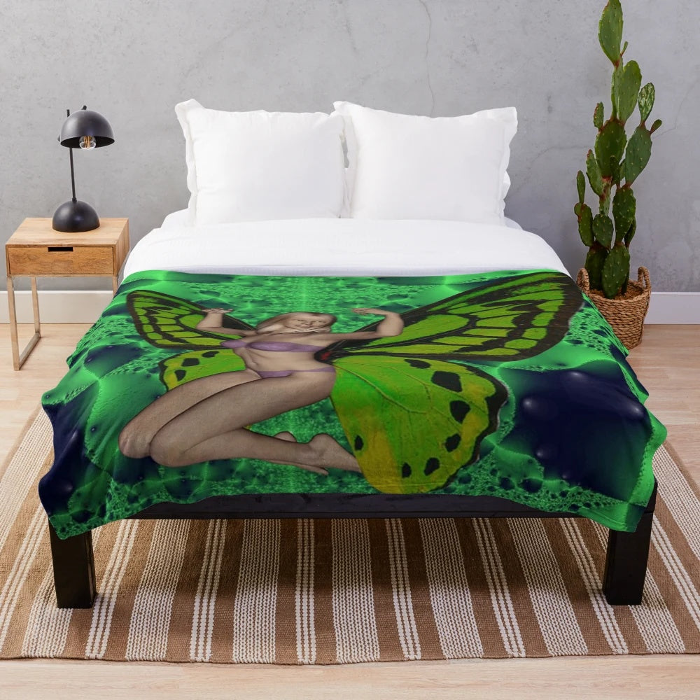 Green butterfly plush blanket with floral and nature-inspired design
