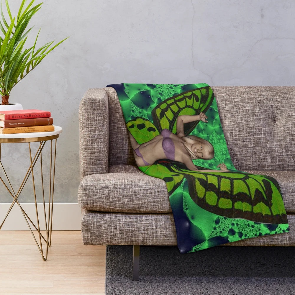 Green butterfly plush blanket with floral and nature-inspired design