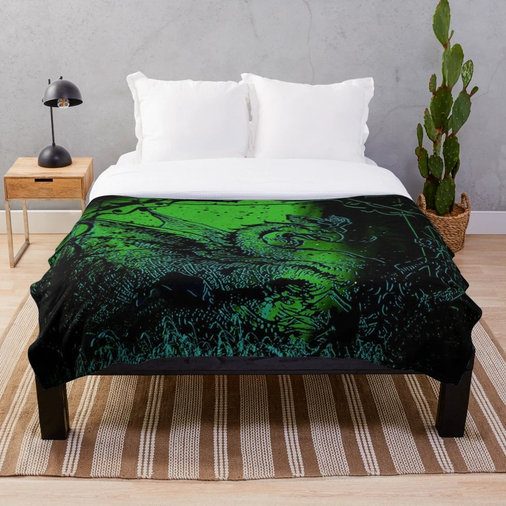 Green dragon island plush blanket with tropical, vintage, and fantasy elements