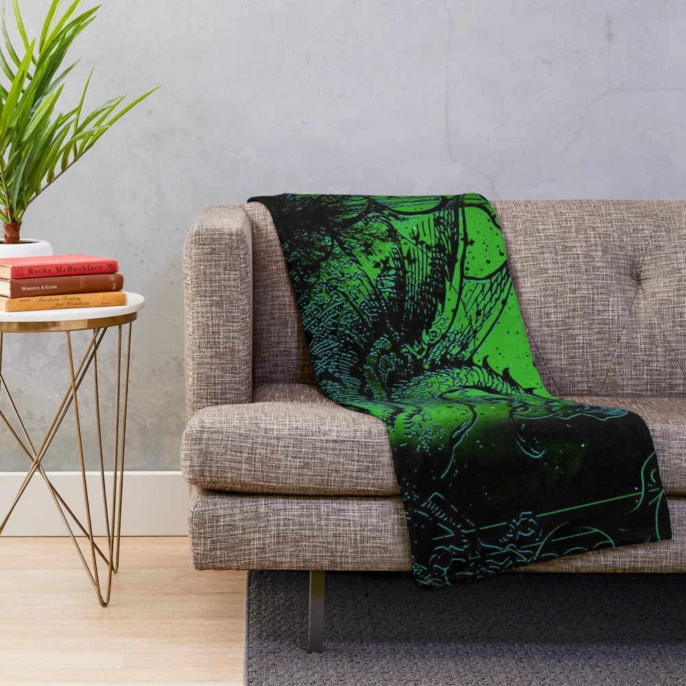 Green dragon island plush blanket with tropical, vintage, and fantasy elements