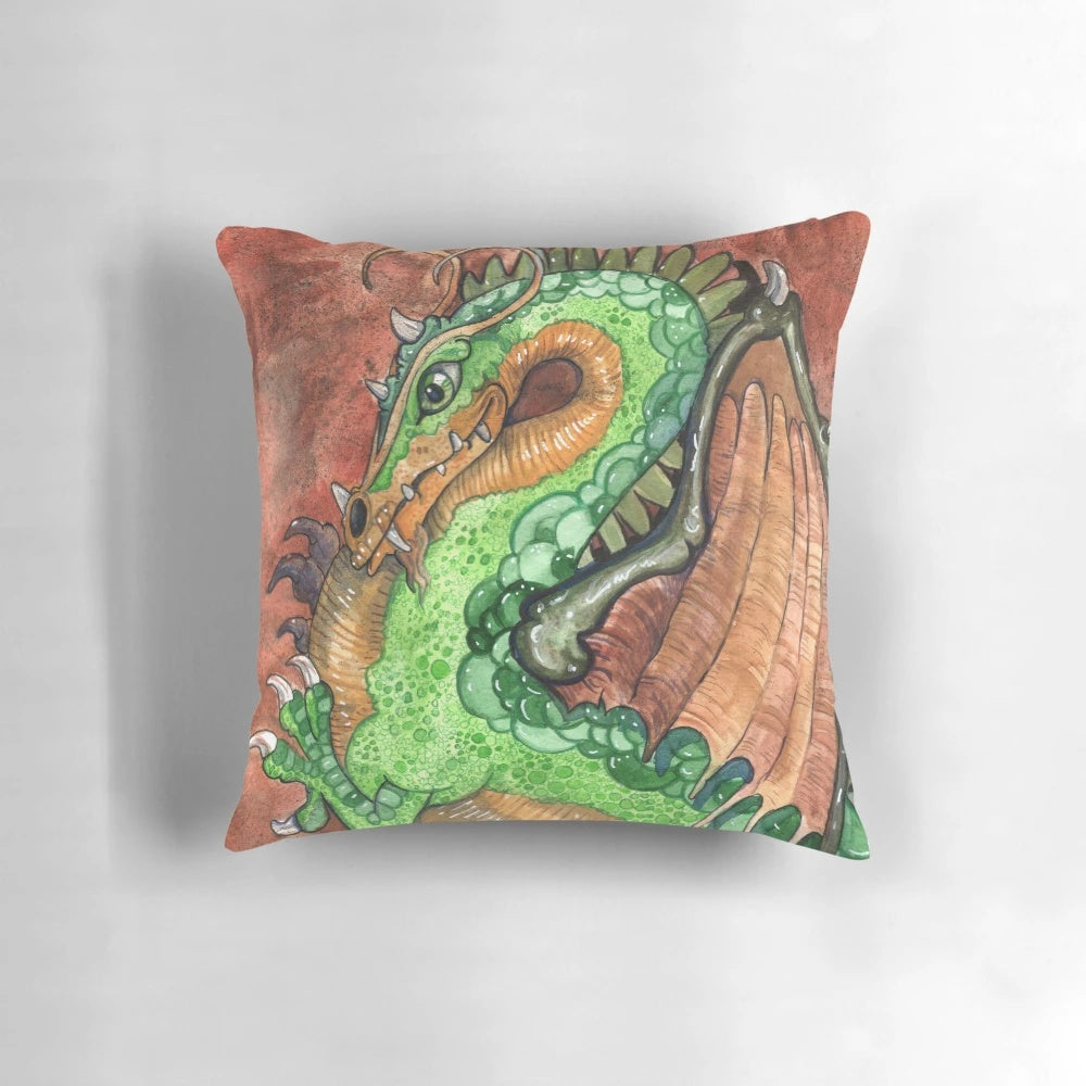 Vibrant watercolor painting of the green dragon Gorbash from the fantasy movie Flight of Dragons on a plush throw pillow.