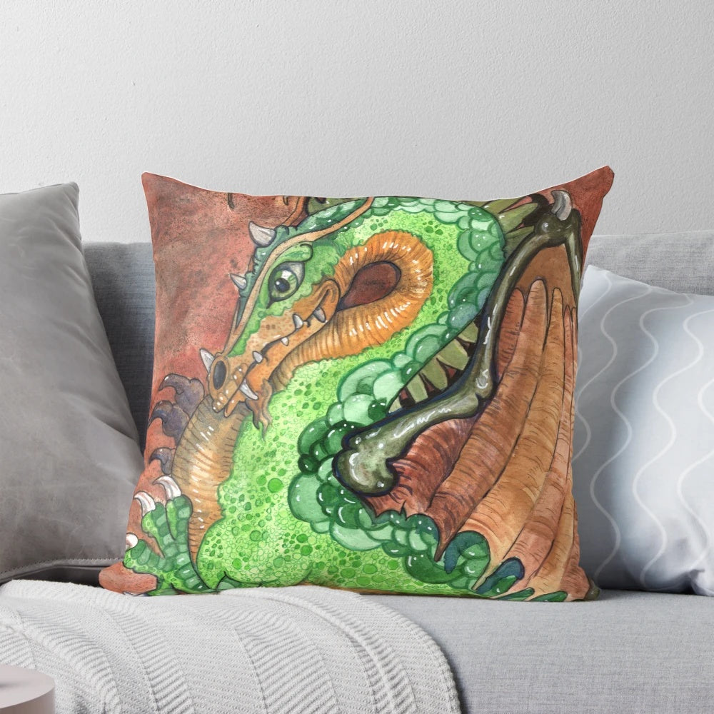 Vibrant watercolor painting of the green dragon Gorbash from the fantasy movie Flight of Dragons on a plush throw pillow.