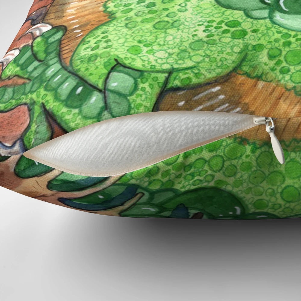 Vibrant watercolor painting of the green dragon Gorbash from the fantasy movie Flight of Dragons on a plush throw pillow.