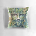 Decorative pillow featuring the iconic Greenman or Green Woman, a woodland deity representing the spirit of nature and the cycle of life.