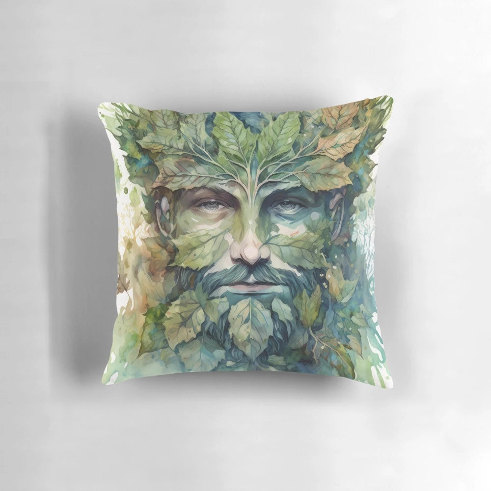 Decorative pillow featuring the iconic Greenman or Green Woman, a woodland deity representing the spirit of nature and the cycle of life.