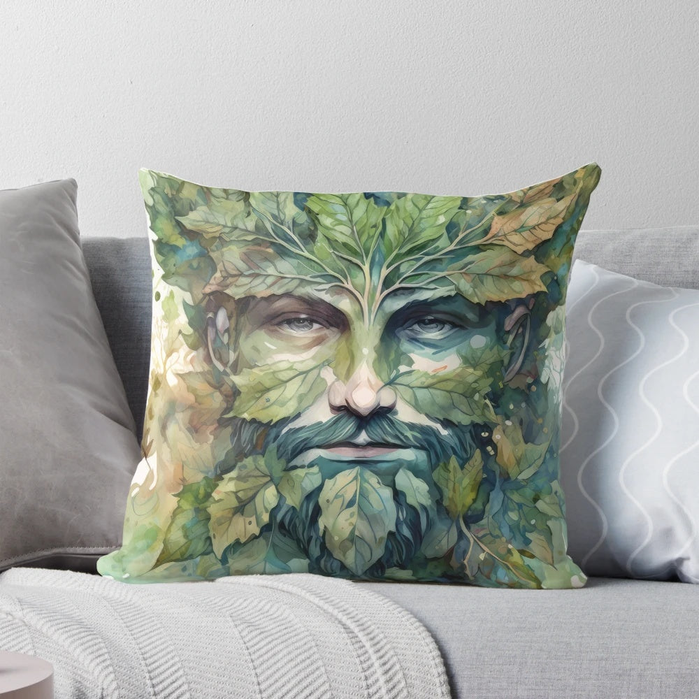 Decorative pillow featuring the iconic Greenman or Green Woman, a woodland deity representing the spirit of nature and the cycle of life.