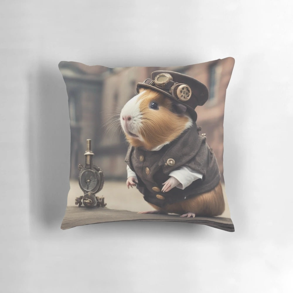 A whimsical pillow featuring a guinea pig in a steampunk-inspired design, perfect for adding a touch of gothic charm to any room.