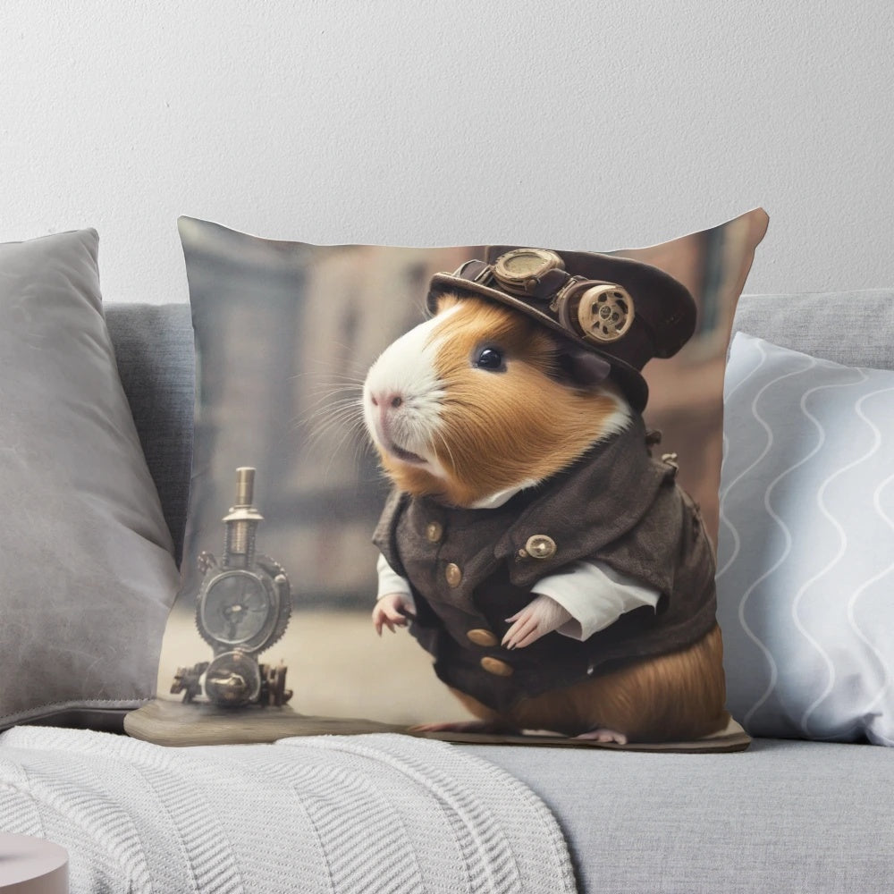 A whimsical pillow featuring a guinea pig in a steampunk-inspired design, perfect for adding a touch of gothic charm to any room.