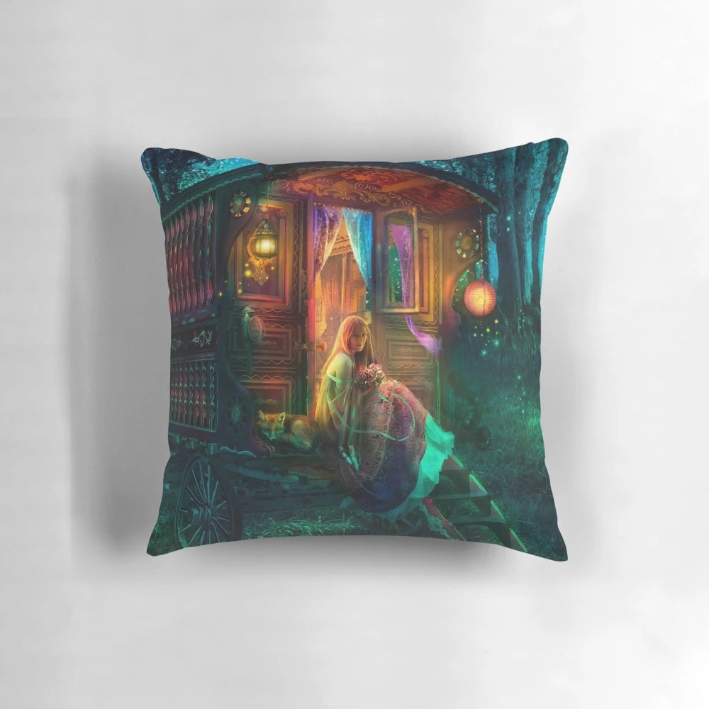Decorative throw pillow featuring a whimsical gypsy woman surrounded by fireflies against a starry night sky