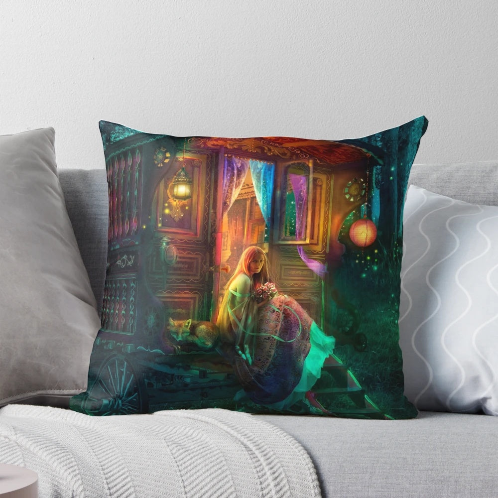 Decorative throw pillow featuring a whimsical gypsy woman surrounded by fireflies against a starry night sky