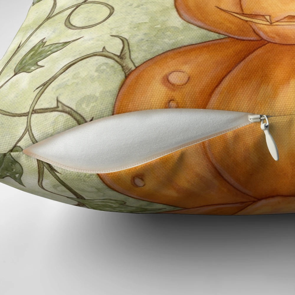 Whimsical orange and black pillow with a fairy and pumpkins, perfect for Halloween and fall home decor.