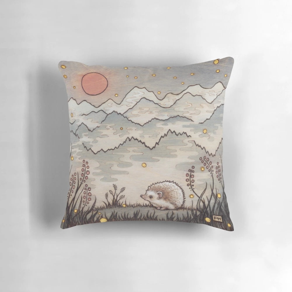 Artfully designed hedgehog pillow featuring a captivating pyrography illustration of a hedgehog in the fog.