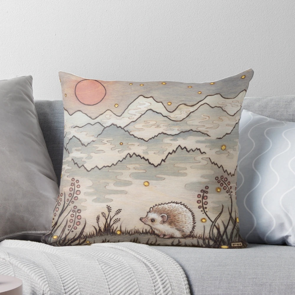 Artfully designed hedgehog pillow featuring a captivating pyrography illustration of a hedgehog in the fog.