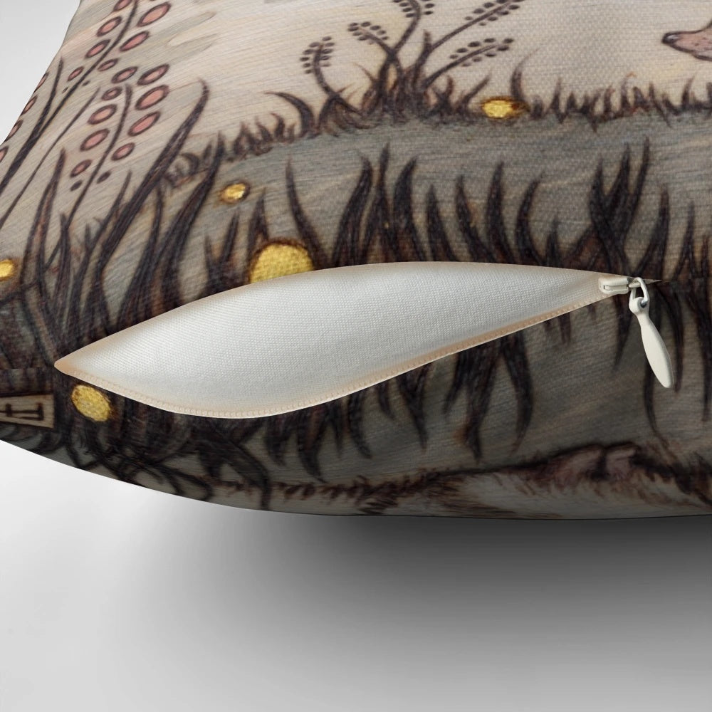 Artfully designed hedgehog pillow featuring a captivating pyrography illustration of a hedgehog in the fog.