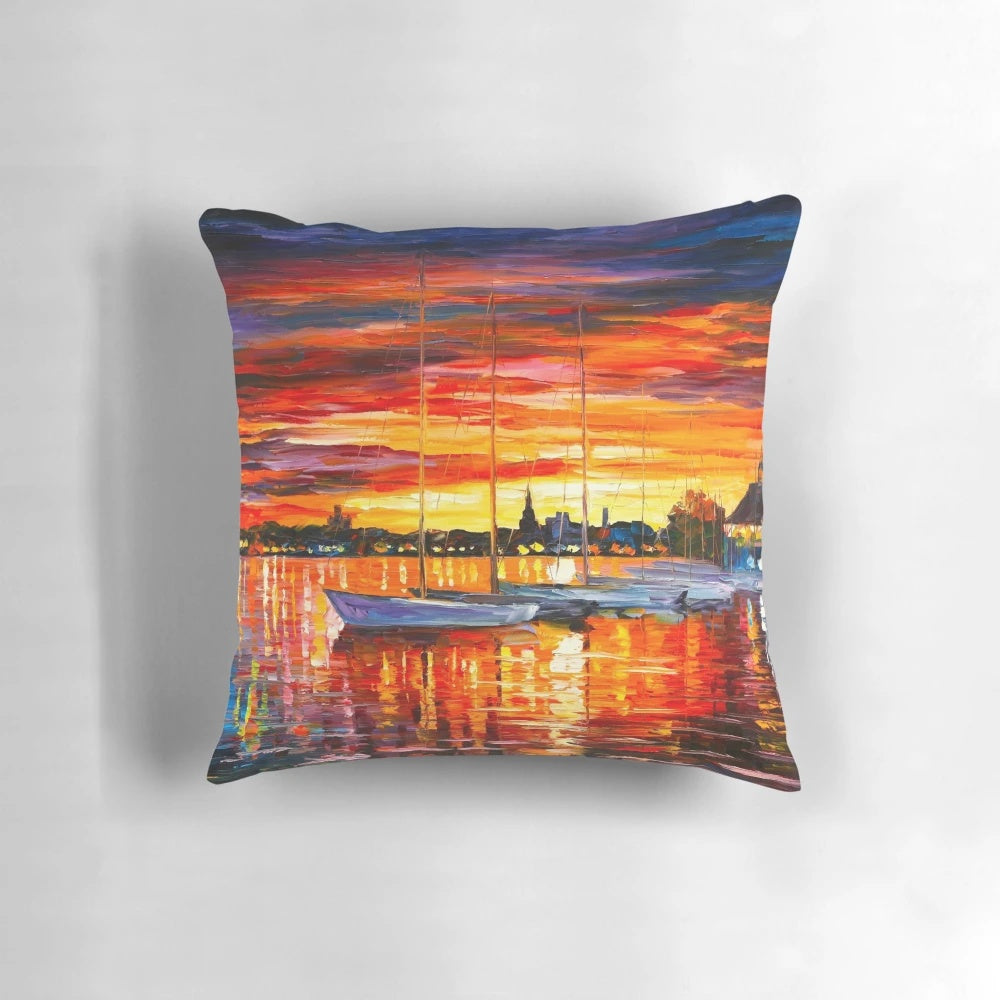 Pillow featuring a stunning cityscape of Helsinki, Finland with sailboats at the yacht club at sunset
