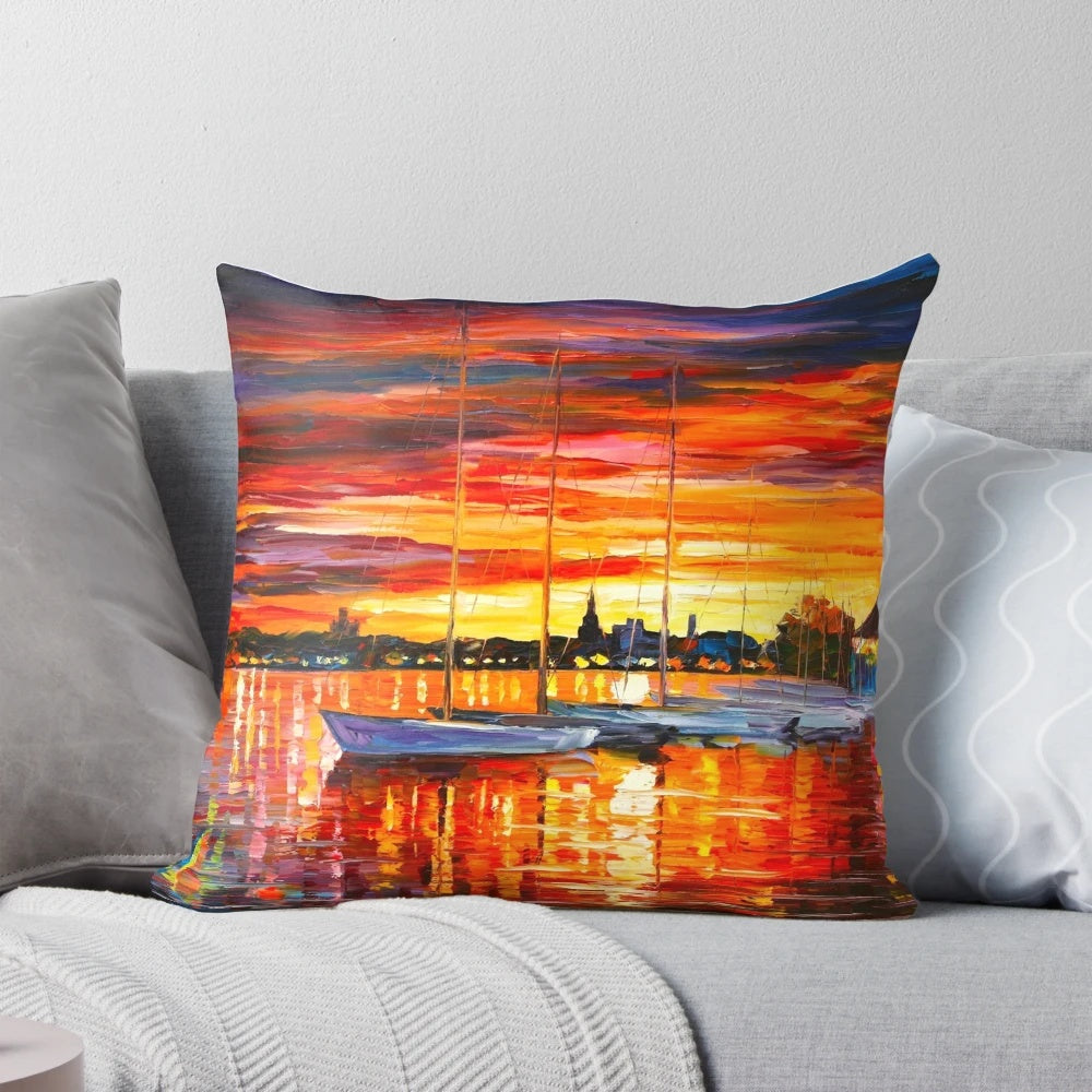 Pillow featuring a stunning cityscape of Helsinki, Finland with sailboats at the yacht club at sunset