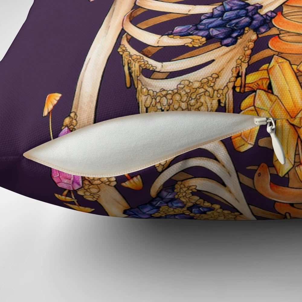 Hidden Gem Pillow featuring a captivating design with skeletons, gems, and crystals