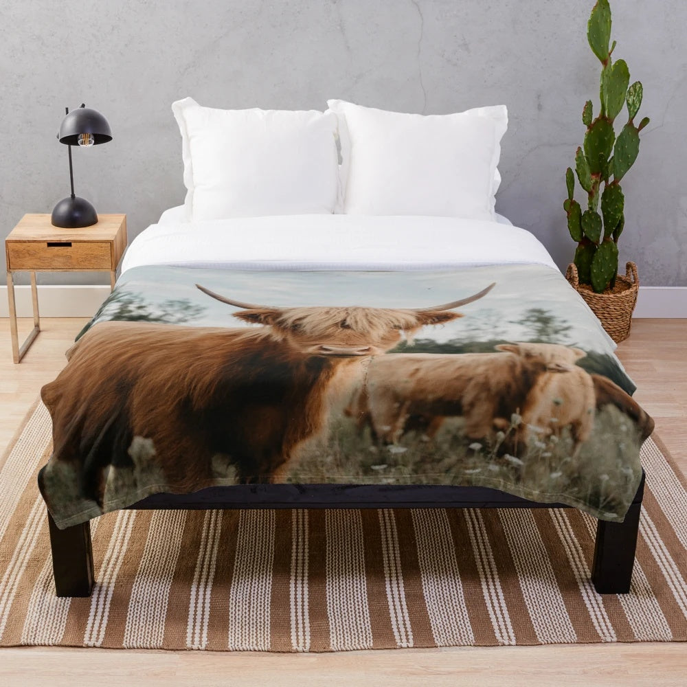 Curious highland cow plush blanket for cozy home decor