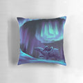 Pillow featuring fan art inspired by the "His Dark Materials" fantasy book series, with characters and the aurora borealis.
