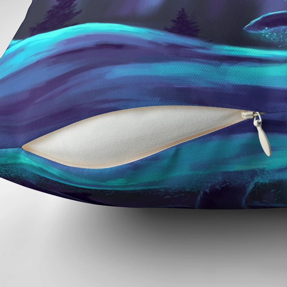 Pillow featuring fan art inspired by the "His Dark Materials" fantasy book series, with characters and the aurora borealis.