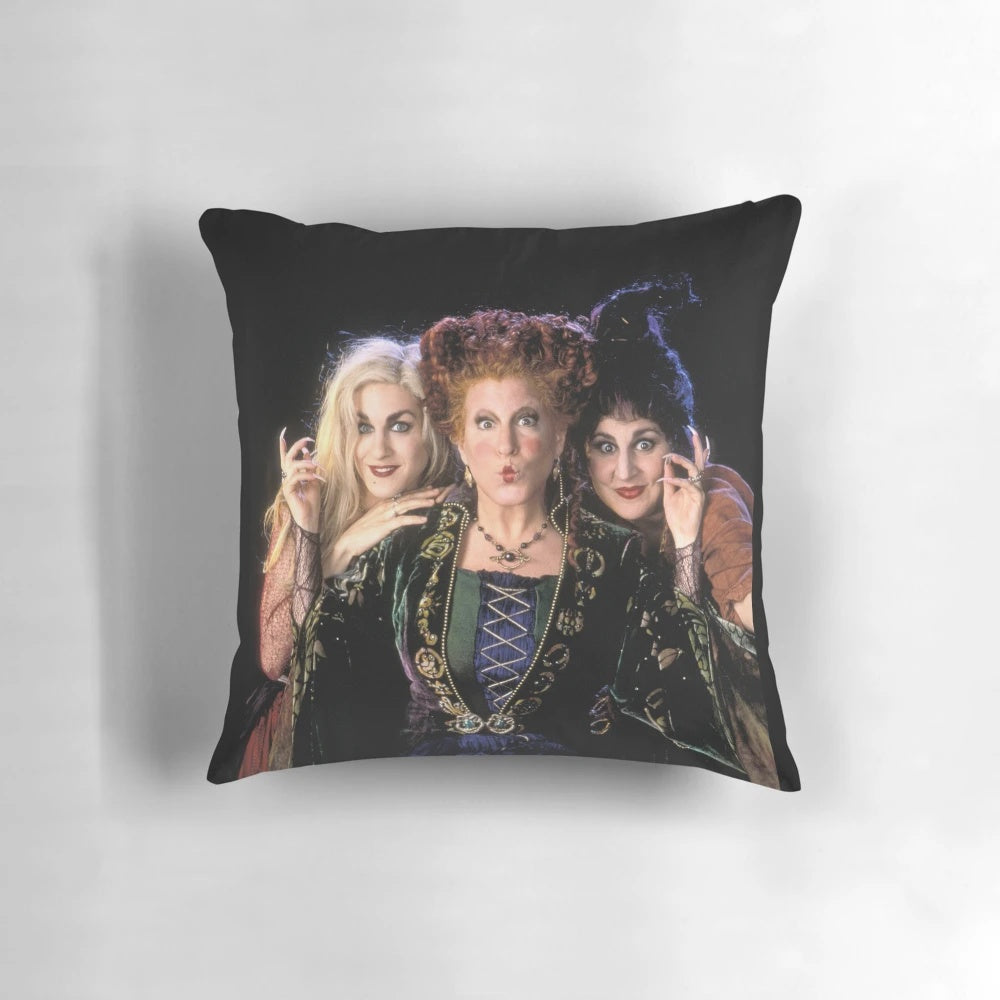 Decorative Hocus Pocus themed pillow featuring the Sanderson sisters