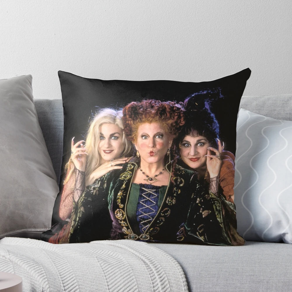Decorative Hocus Pocus themed pillow featuring the Sanderson sisters
